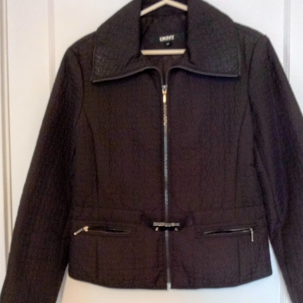 Dkny Black Bomber Jacket with Cropped Style and Prominent Collar
